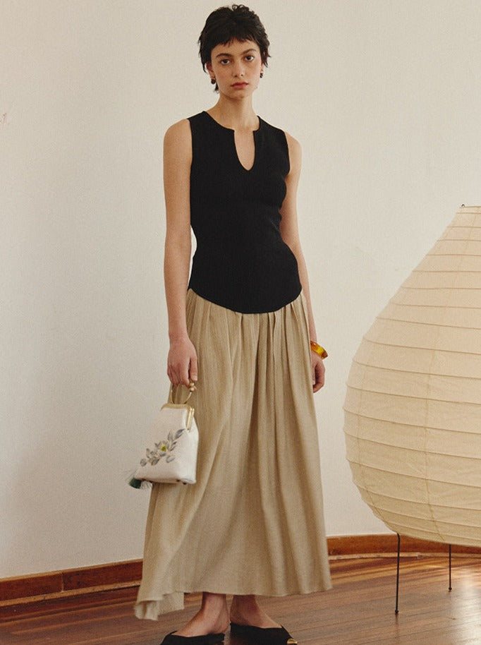 Pleated Textured A-Line Skirt