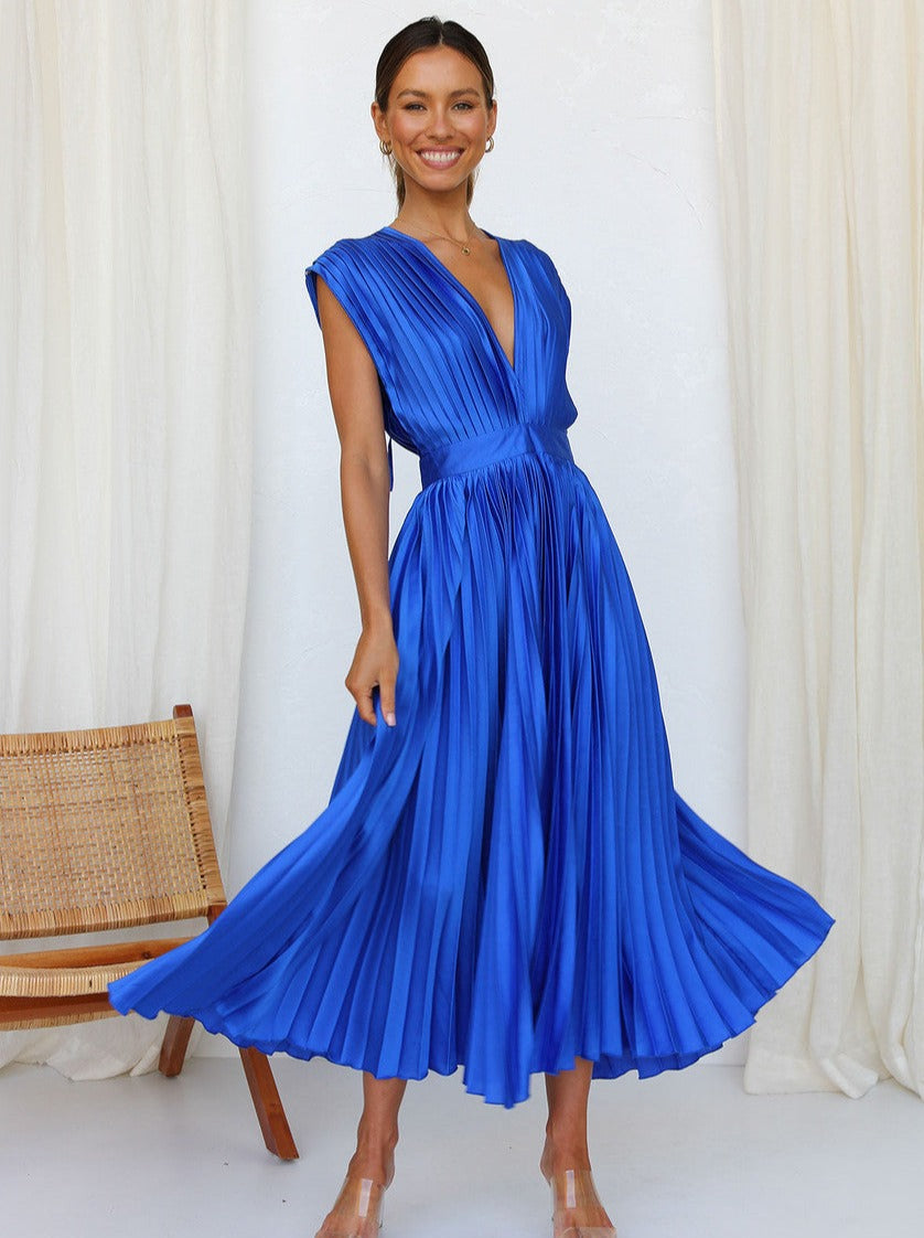 Blue Casual V-Neck Pleated Dress