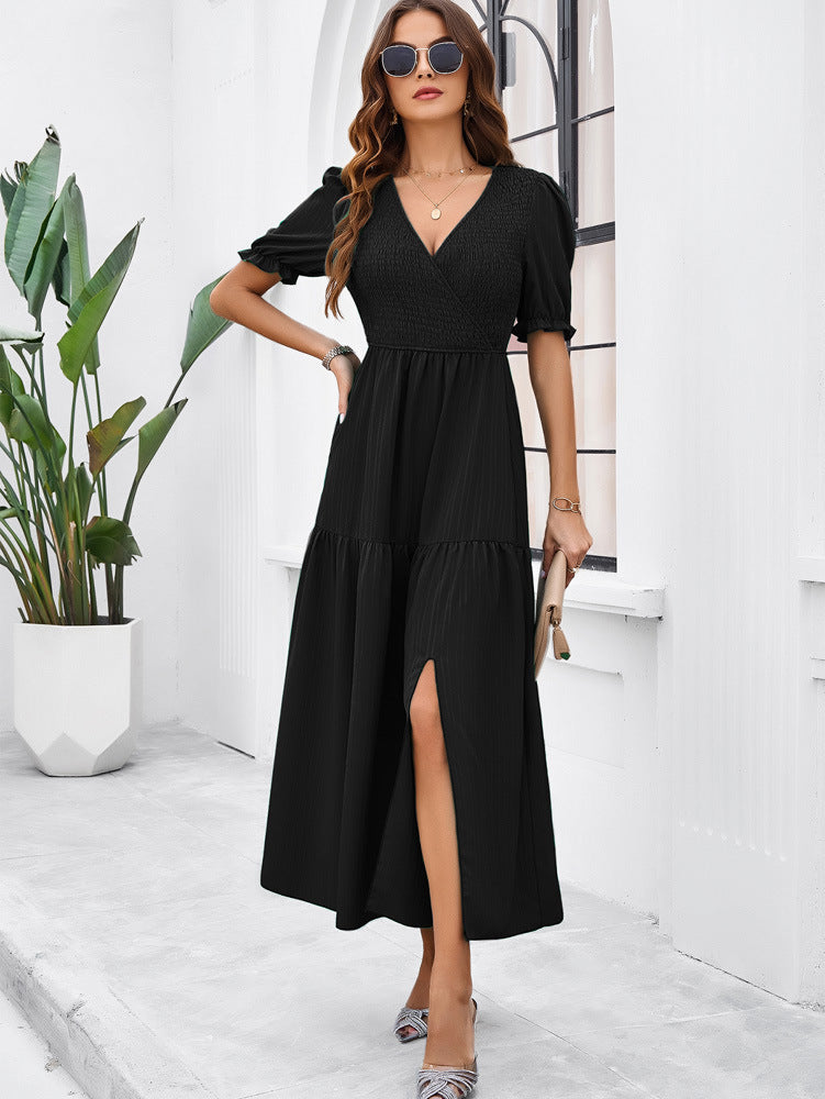 Black V-Neck Short Sleeved Long Dress