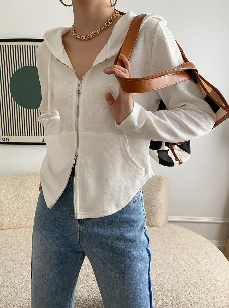 Weißes, schmales Kapuzen-Sweatshirt mit Doppelreißverschluss 
