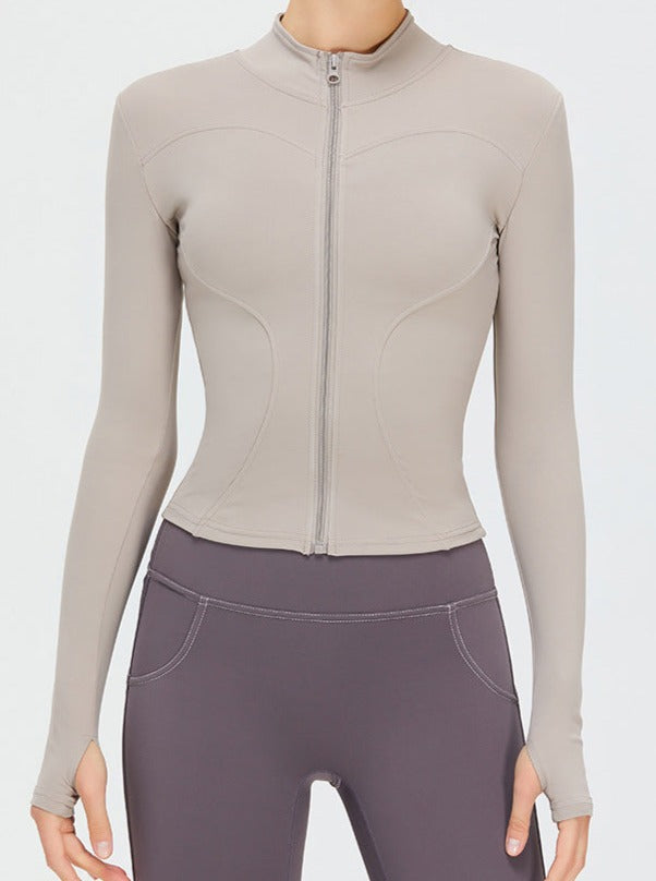Khaki Zipper Long-Sleeved Quick Drying Fitness Sports Top