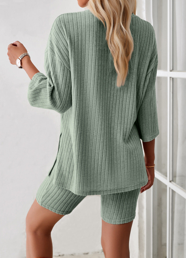 Green Long Sleeve Knitted Shirt and Shorts Set