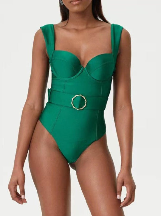 Grüner sexy Bikini-Badeanzug mit V-Ausschnitt, Gürtel und hoher Taille 