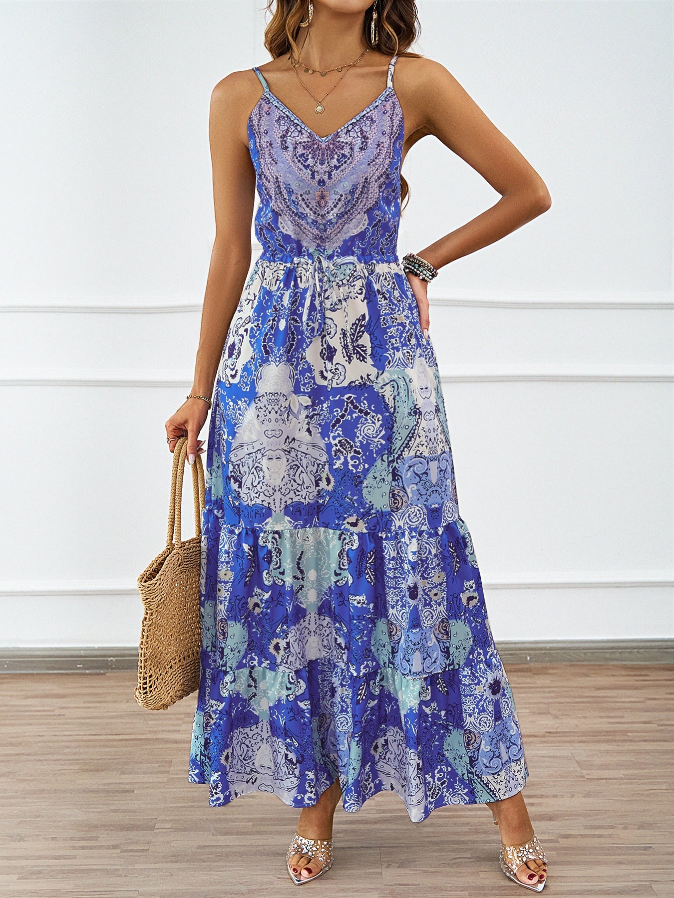 V-Neck Retro Printed Sleeveless Dress