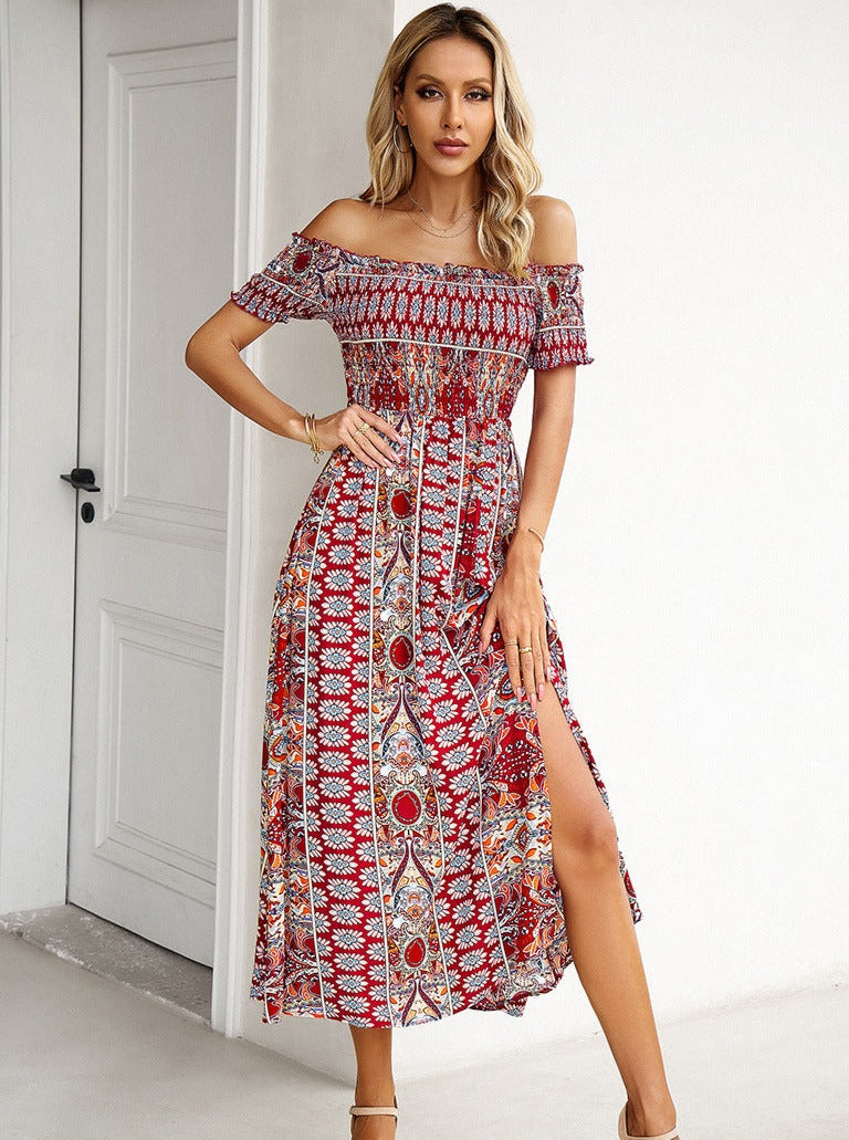 Red Off Shoulder Bohemian Printed Dress