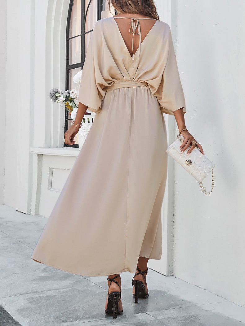 Apricot Elegant V-Neck Temperament Loose Dress