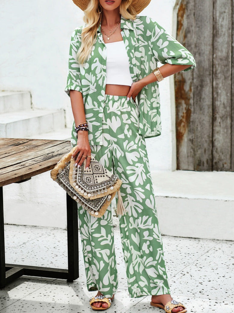 Casual Green Overall Printed Loose Button Down Shirt and Pants Set