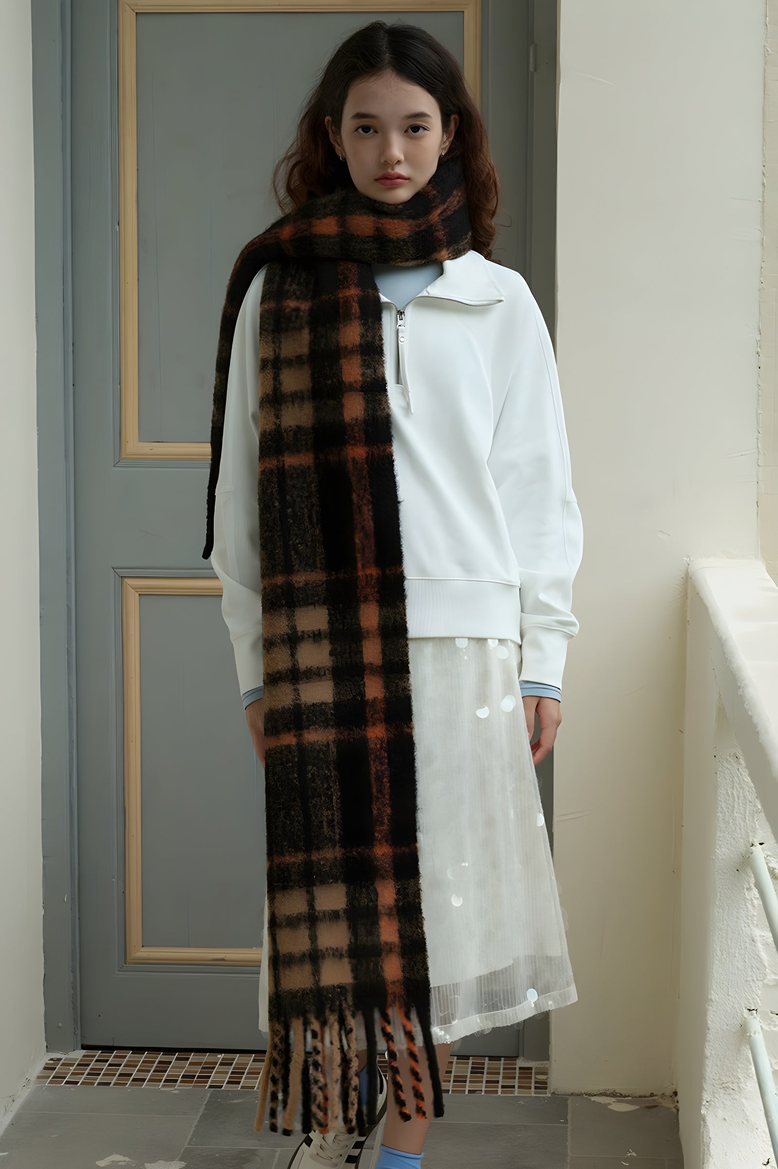 Long Winter Multi Colored Plaid Tassel Neck Scarf