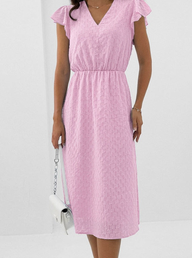 Elegantes, ausgestelltes Kleid in Volltonfarbe mit V-Ausschnitt 