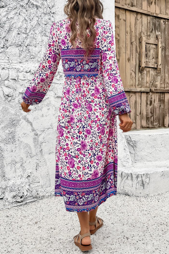 Stylish Purple Floral Long Lantern Sleeve Midi Dress