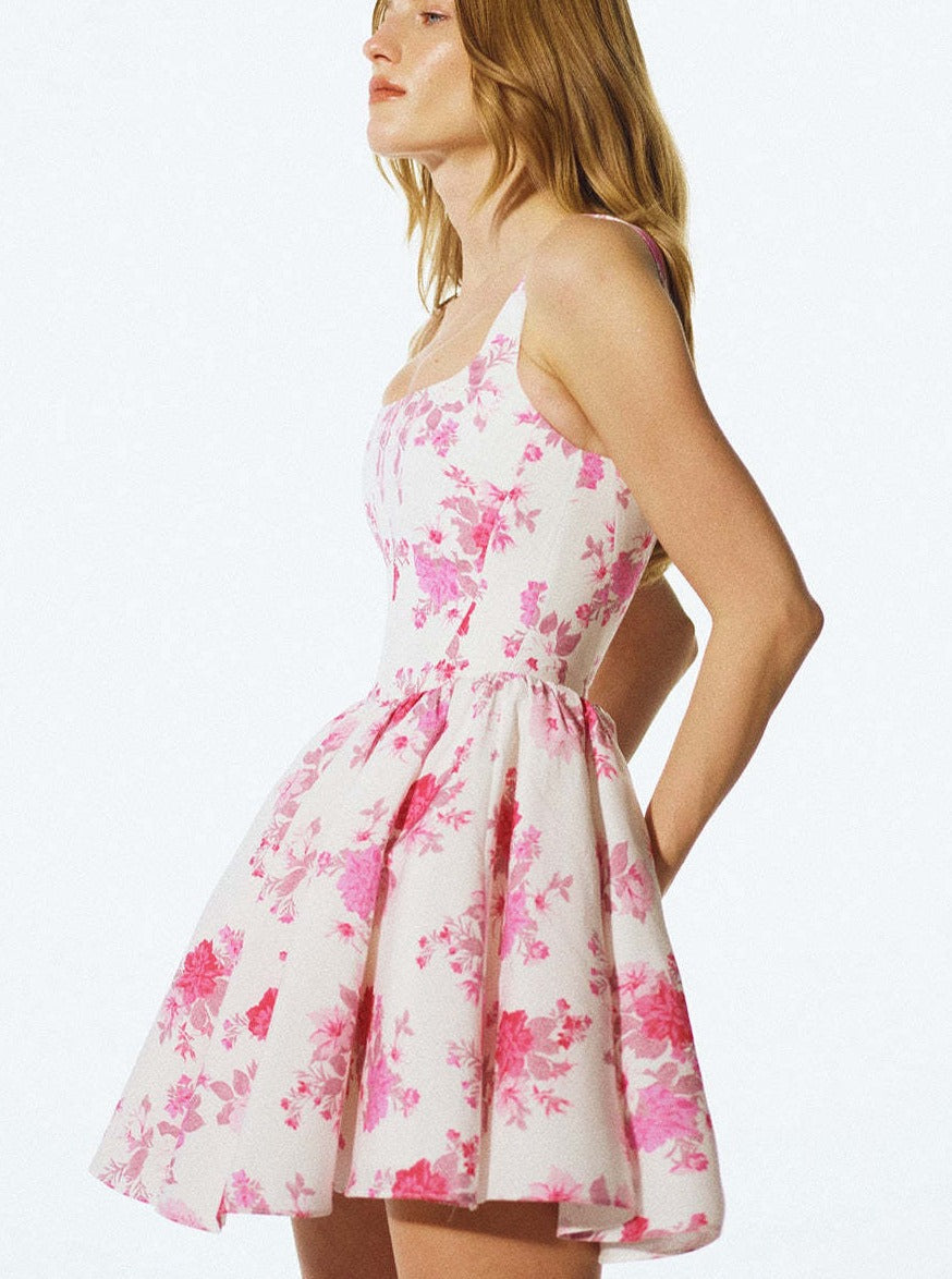 Floral Rose Print Suspender Waist Dress