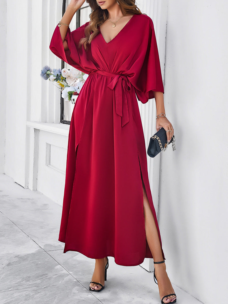 Red Elegant V-Neck Temperament Loose Dress