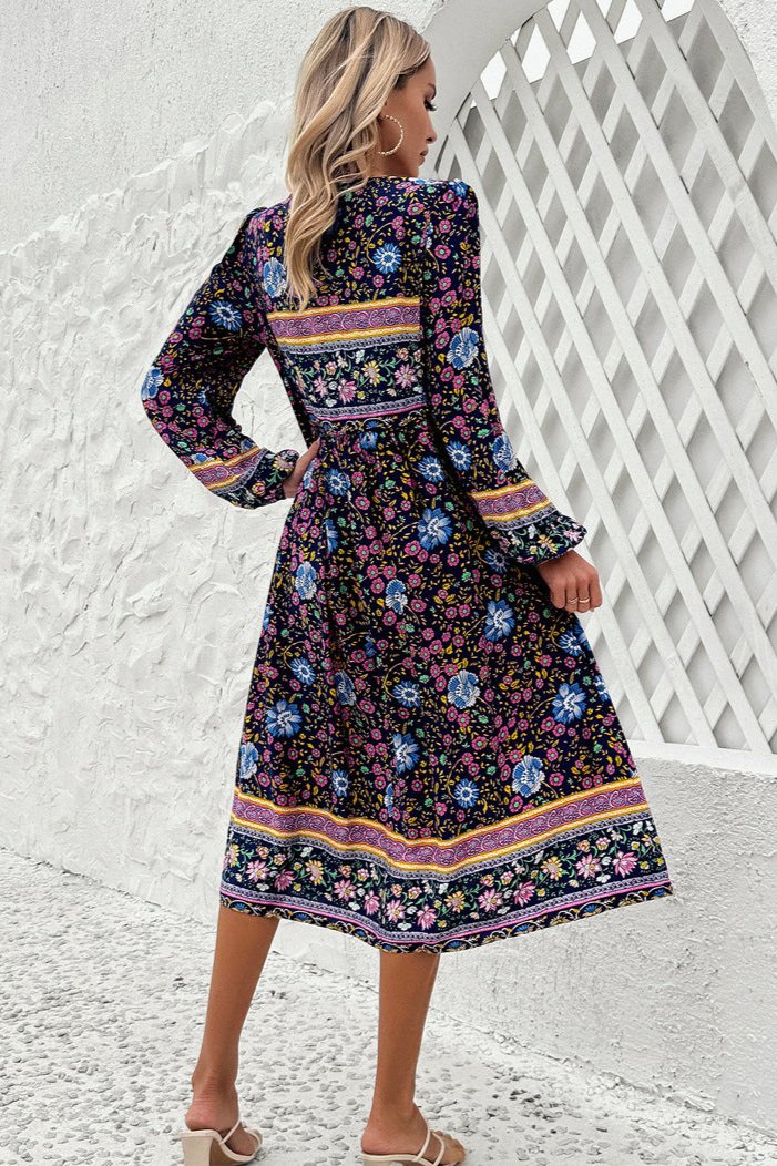 Stylish Floral Long Lantern Sleeve Midi Dress