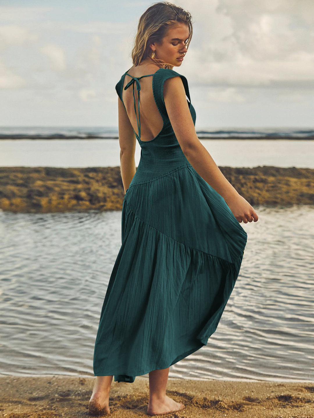 Teal Square Neck Pleated Sleeveless Waist Dress