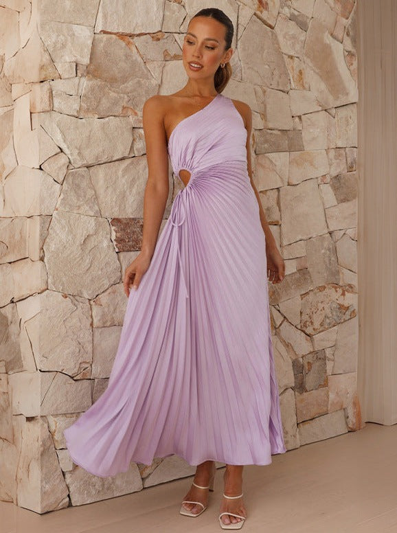 Purple Pleated Slim One Shoulder Hollow Dress
