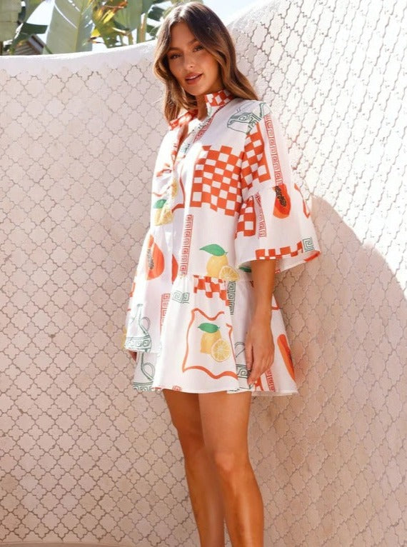 Simple Orange Ethnic Style Loose Shirt Short Dress