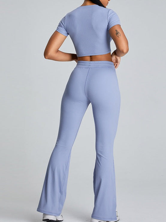Blue Slit-Flared Butt-Lifting Drawstring Fitness Pants