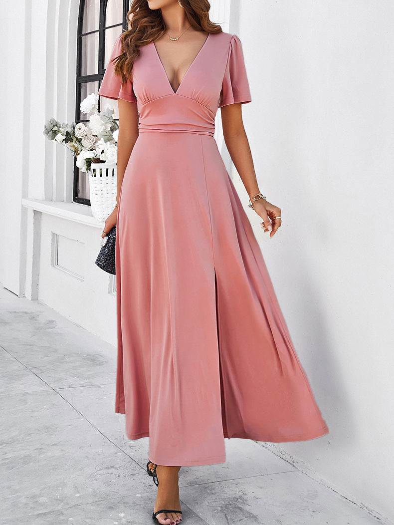 Solid Color Temperament Slit V-Neck Slim Dress