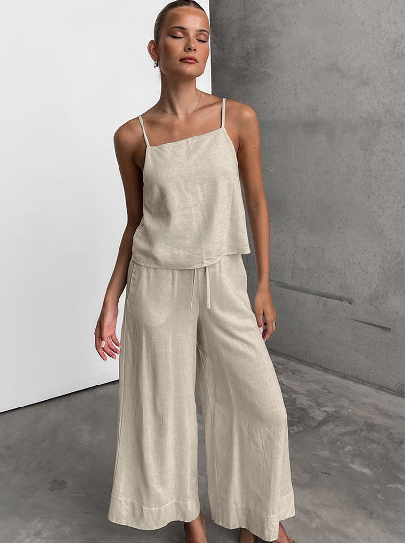 Lace-Up Casual Sleeveless Top Wide Leg Pants Two Piece Set
