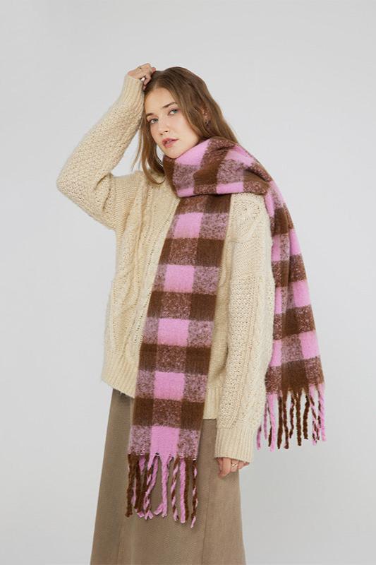 Pink Colored Plaid Long Tassel Scarf