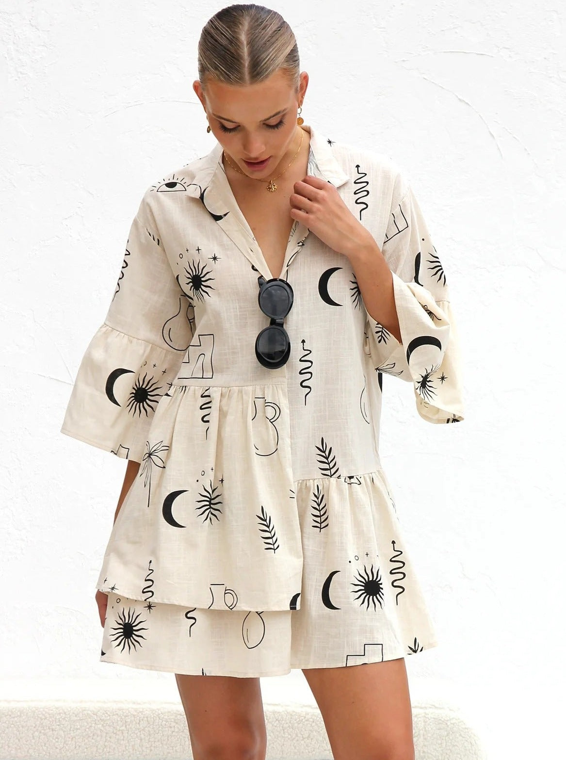 Simple Black Moon Ethnic Style Loose Shirt Short Dress