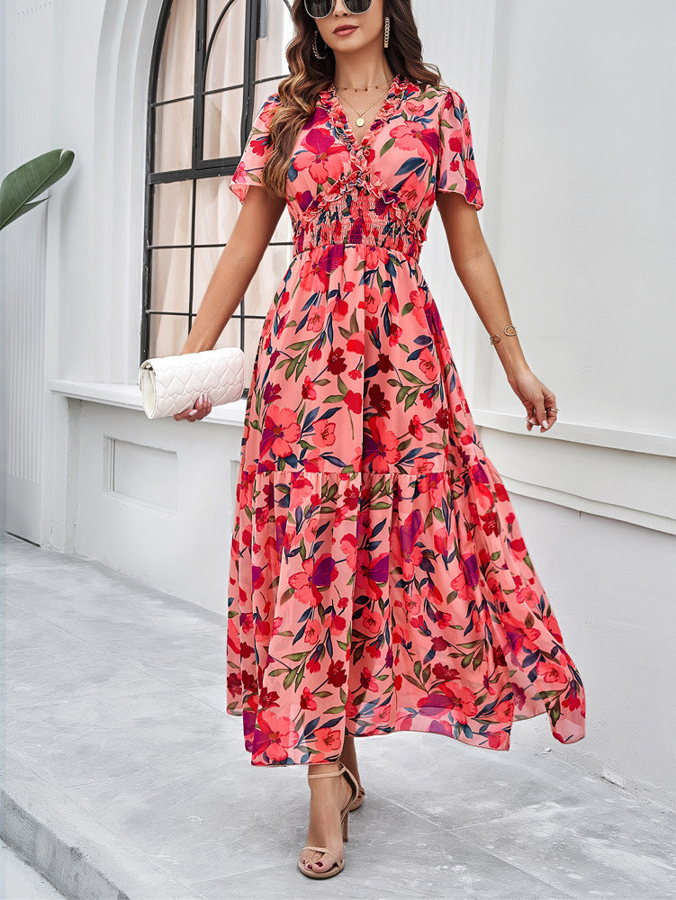 Pink V-Neck Floral Printed Sundress