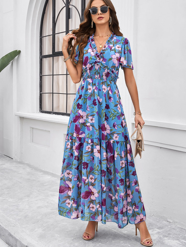 Blue V-Neck Floral Printed Sundress