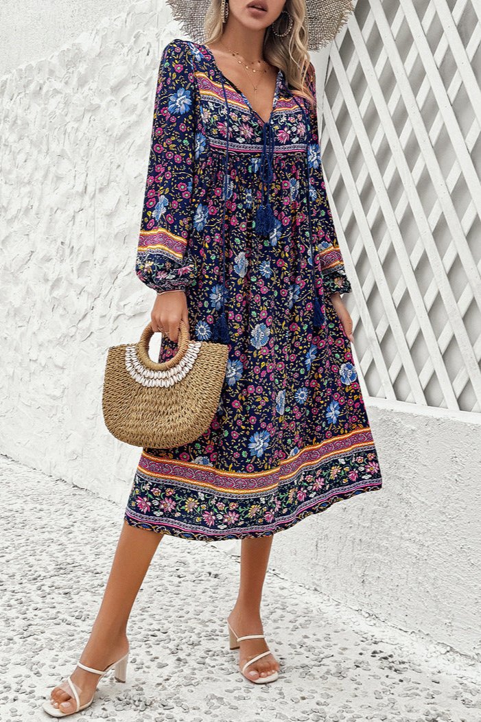 Stylish Floral Long Lantern Sleeve Midi Dress