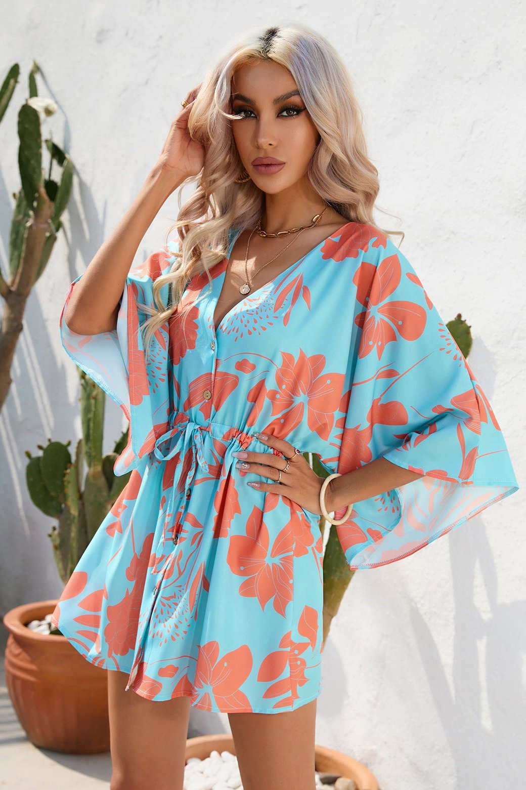 Tropical Printed Half Sleeve Mini Dress