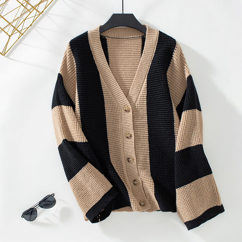 Classy V-Neck Buttoned Stripes Long Sleeve Cardigan