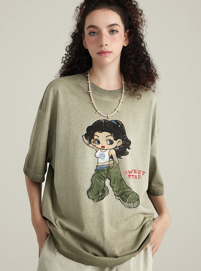 Khakifarbenes, lässiges Hemd mit Ombré-Muster und Cartoon-Mädchen-Aufdruck 