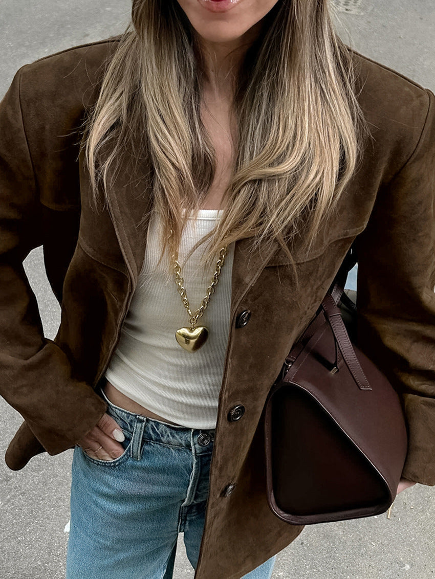 Casual  Brown Suede Blazer Jacket