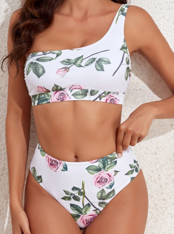 Three Piece White Floral Bikini and Cover-Up