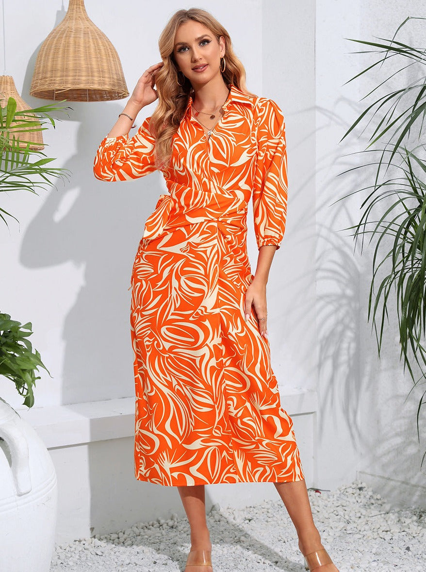 Lace-Up Printed V-Neck Long-Sleeved Collared Orange Dress