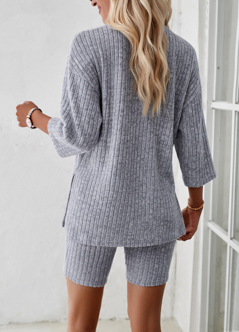 Grey Long Sleeve Knitted Shirt and Shorts Set