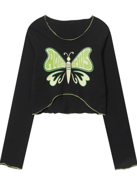 Slim Fit Butterfly Print Navel-Baring Long-Sleeved T-Shirt