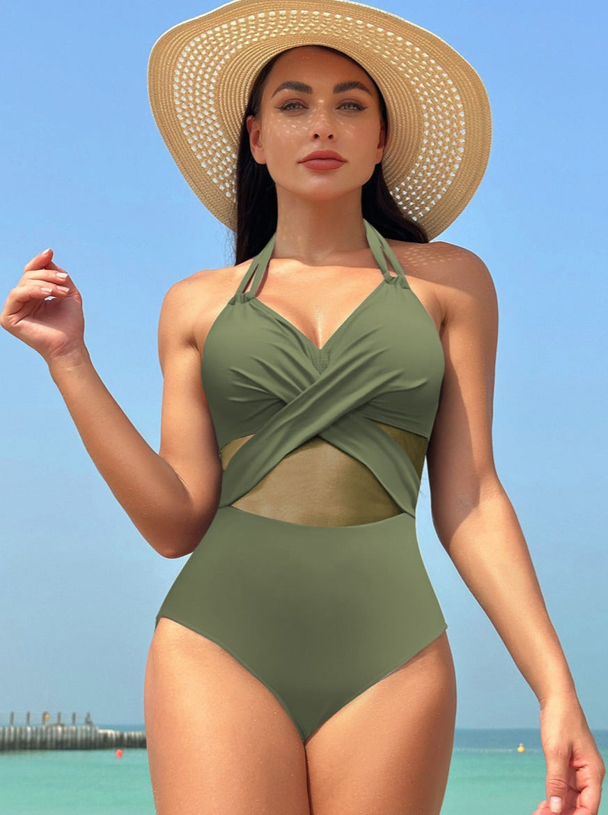 Costume da bagno da spiaggia sexy in stile incrociato a rete 