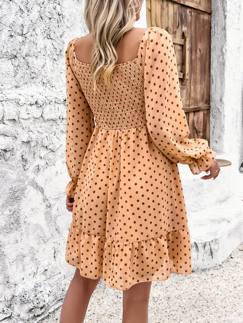 Casual Khaki Off Shoulder Polka Dot Dress