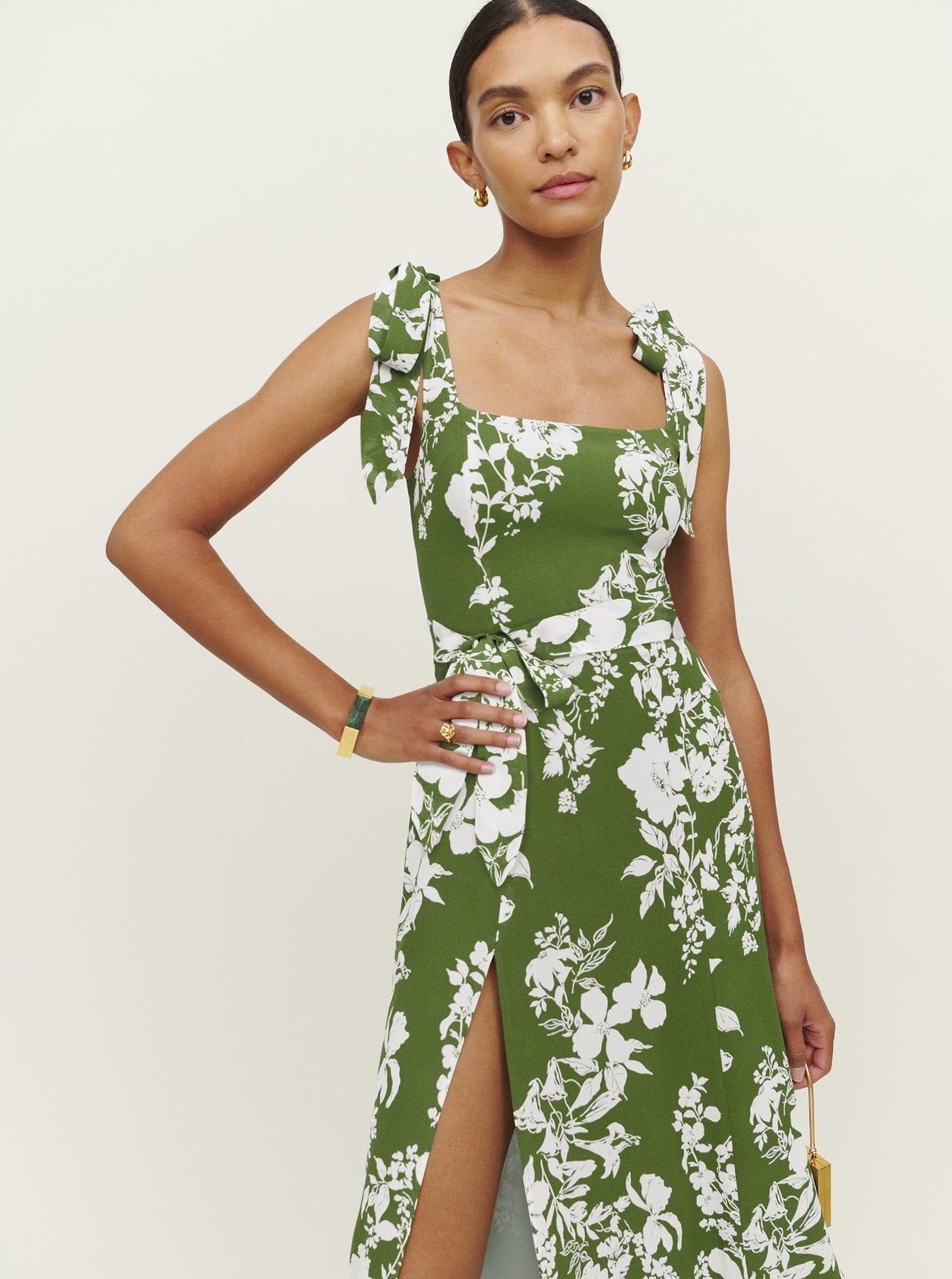 Green Floral Print Suspender Strap Square Neck Slit Dress