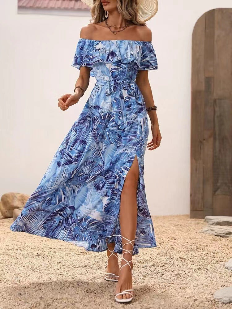 Elegant Off Shoulder Tropical Printed Slit Dress
