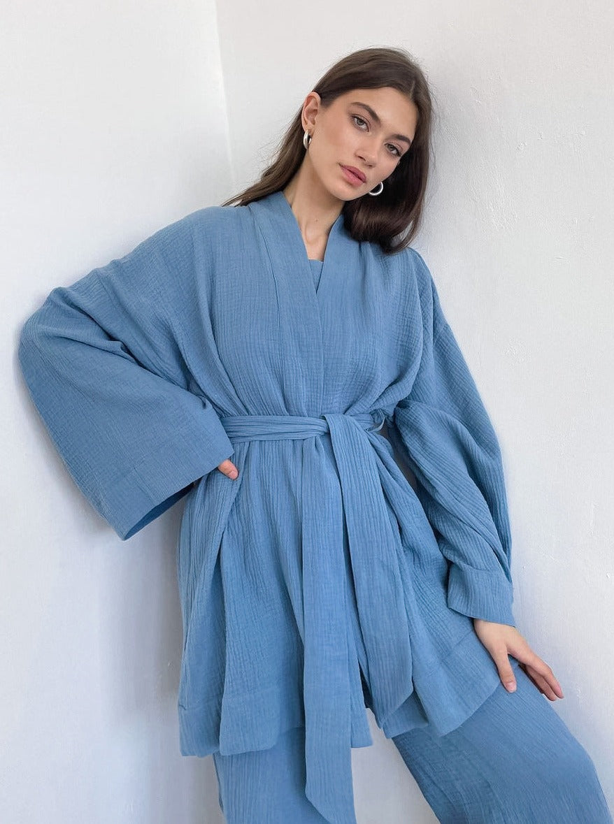 Blue Long-Sleeves Loose Trouser Two-Piece Suit