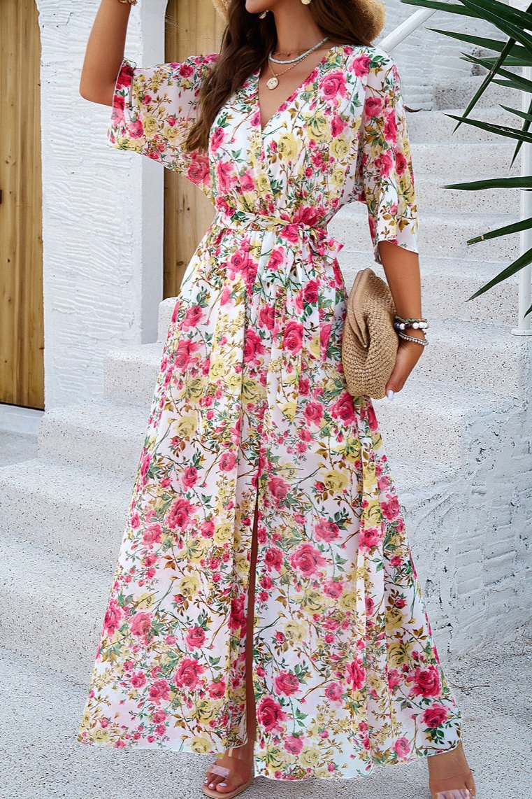 Robe mi-longue à imprimé floral, col en V, cache-cœur et ceinture 