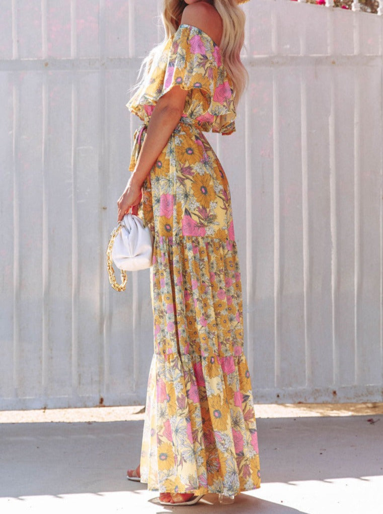 Yellow Floral Retro Printed Off Shoulder Maxi Dress