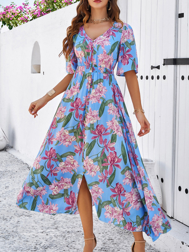 Blue Floral Printed Large Swing Dress