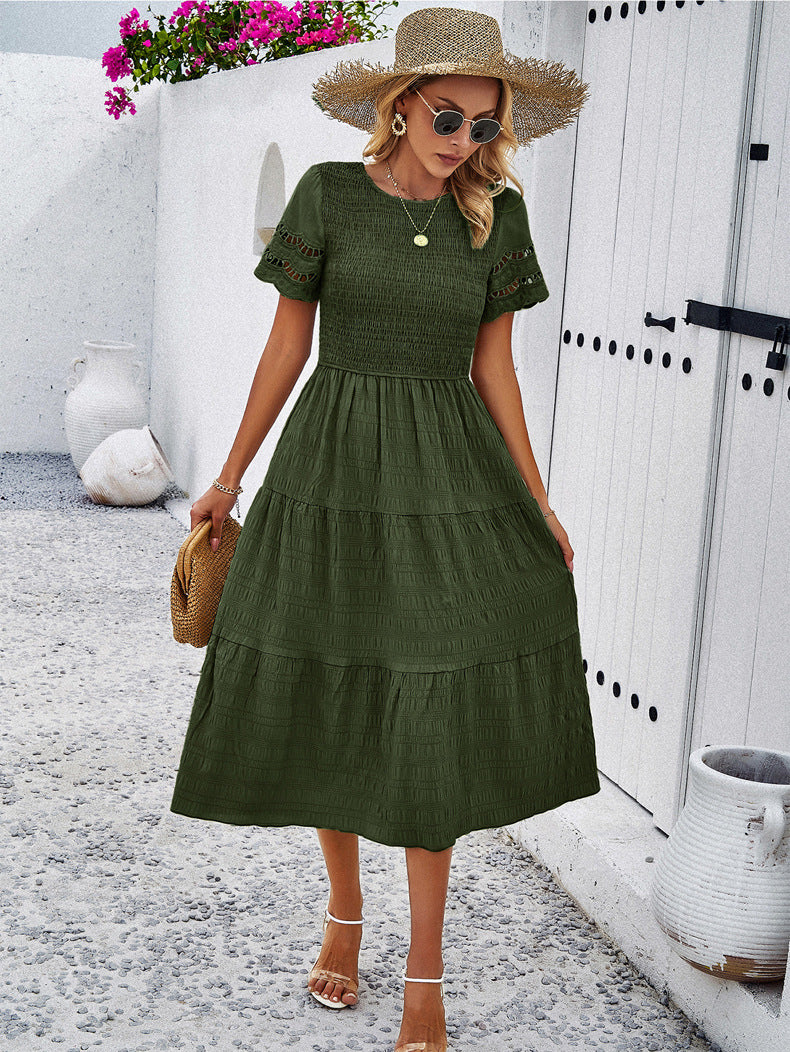 Dark Green Elegant Layered Hollow Dress