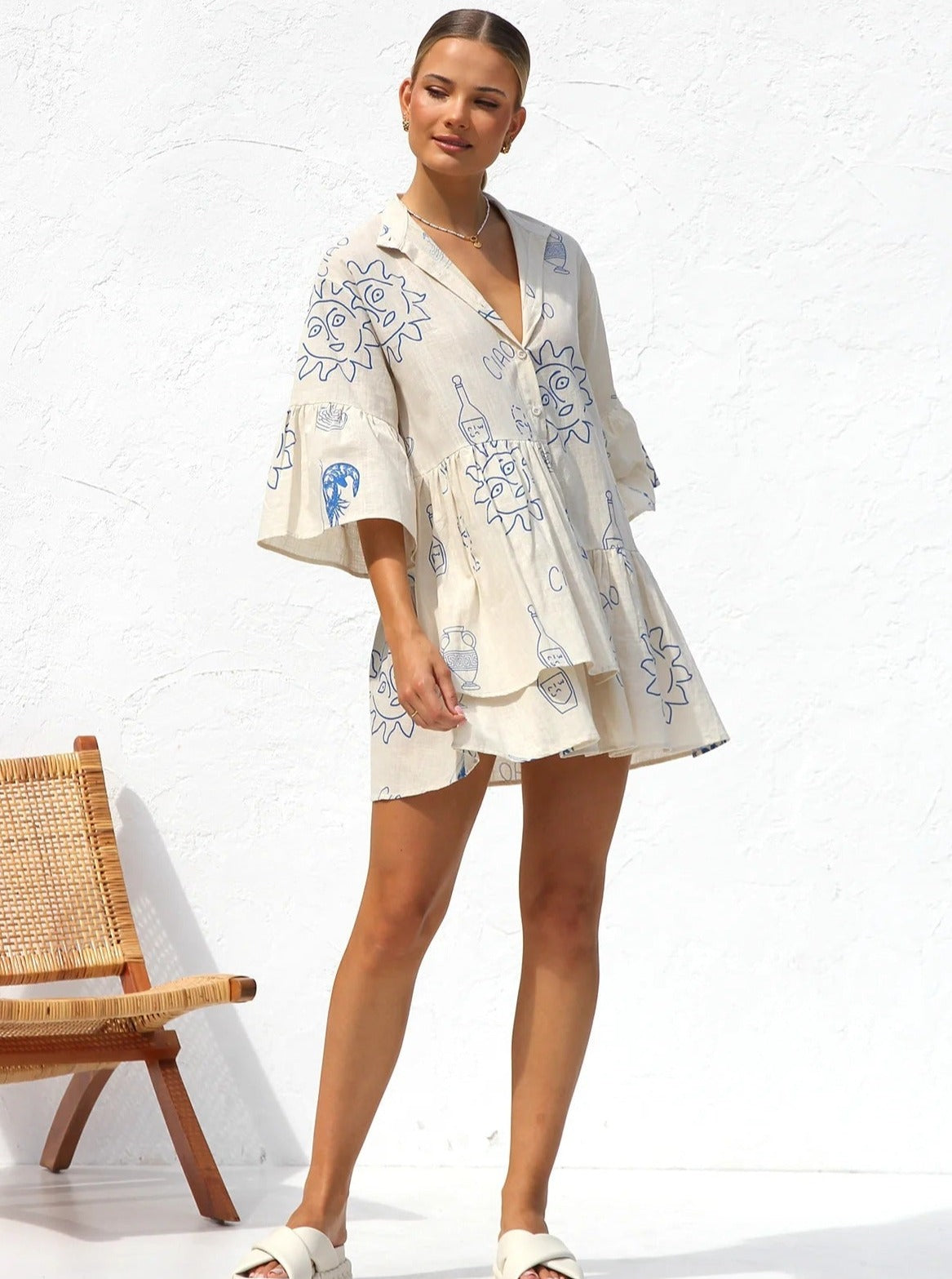 Simple White Ethnic Style Loose Shirt Short Dress