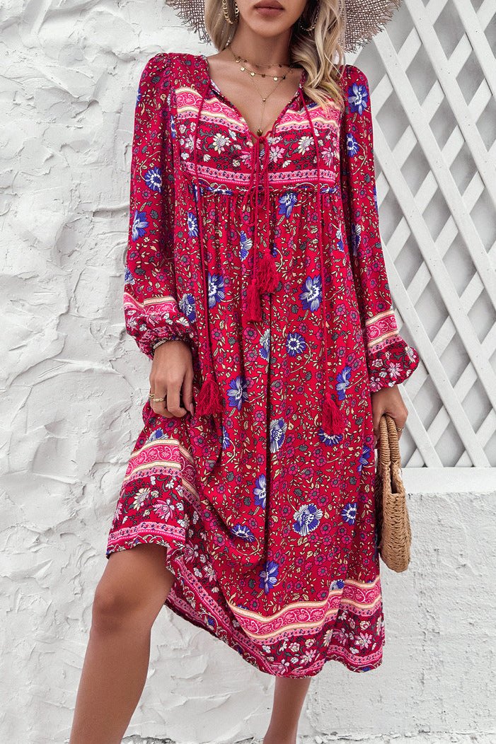 Stylish Red Floral Long Lantern Sleeve Midi Dress