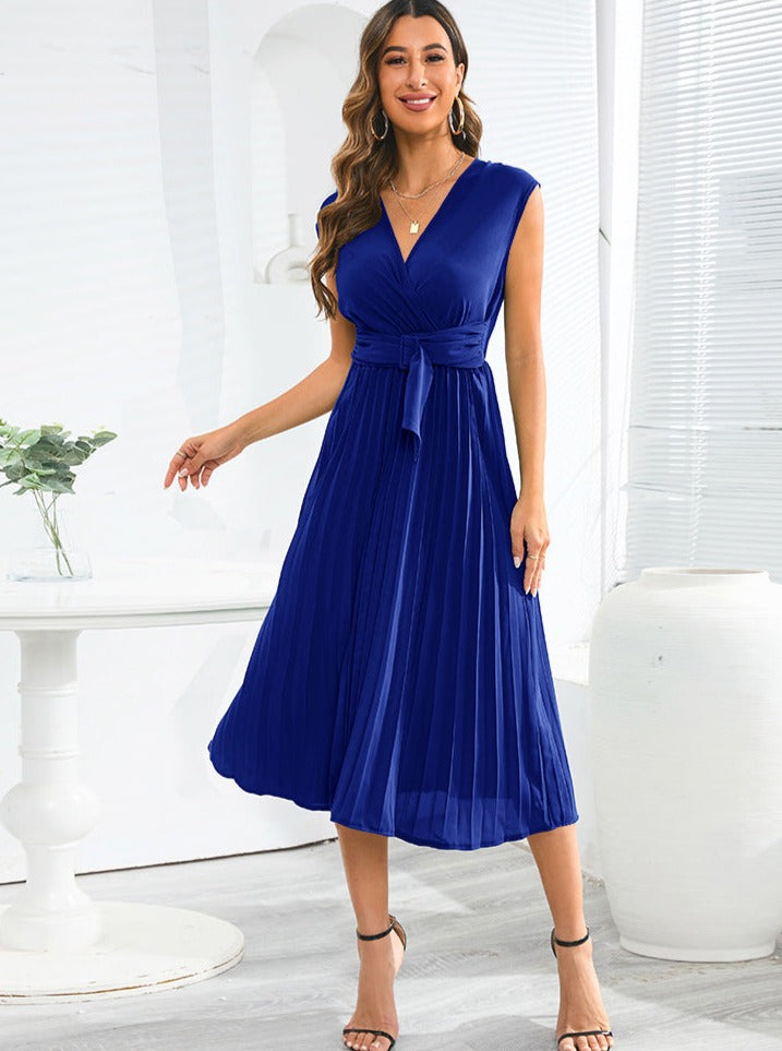 Summer Sleeveless V-Neck Slim Pleated Dress