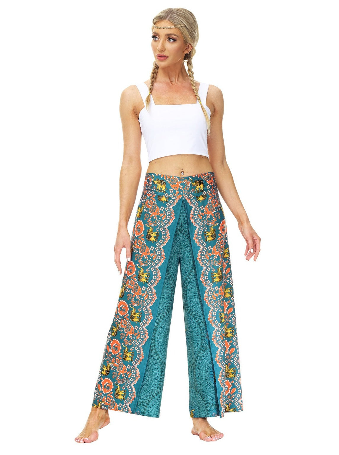 Ethnic Style Digital Printed High-Waisted Wide-Leg Pants
