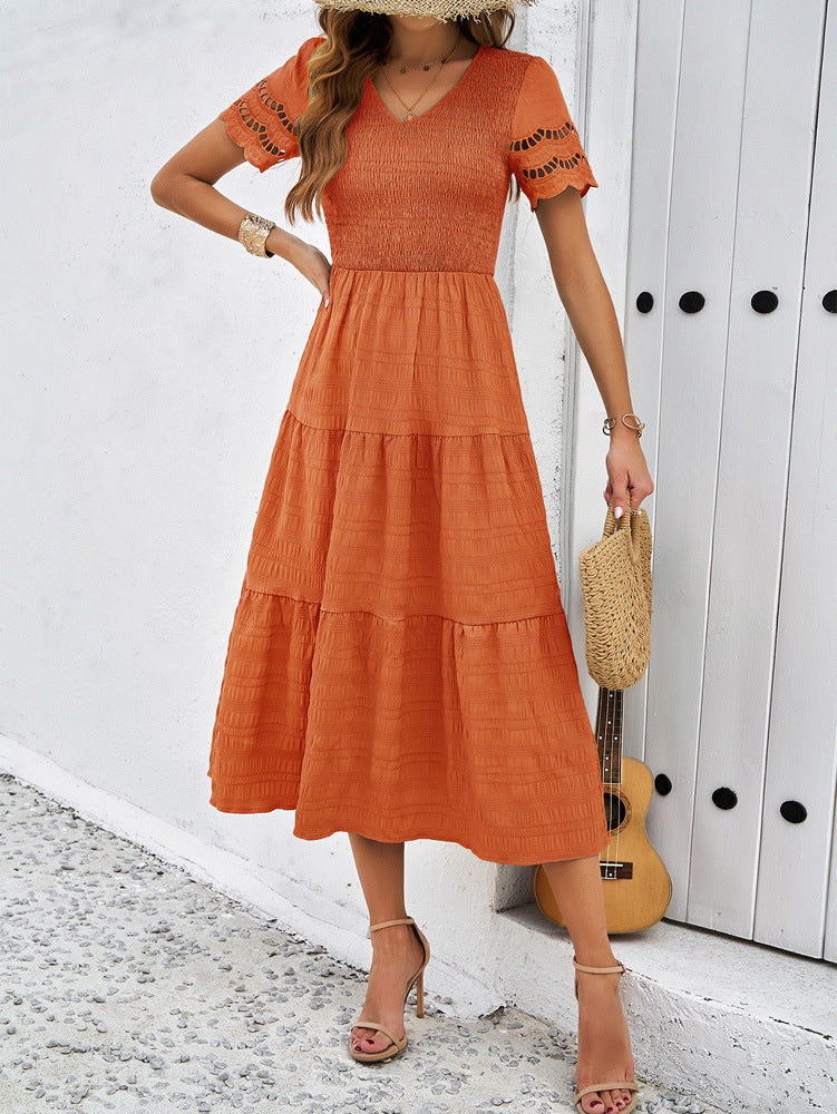 Orange Women's Lace Casual Mesh Midi Dress
